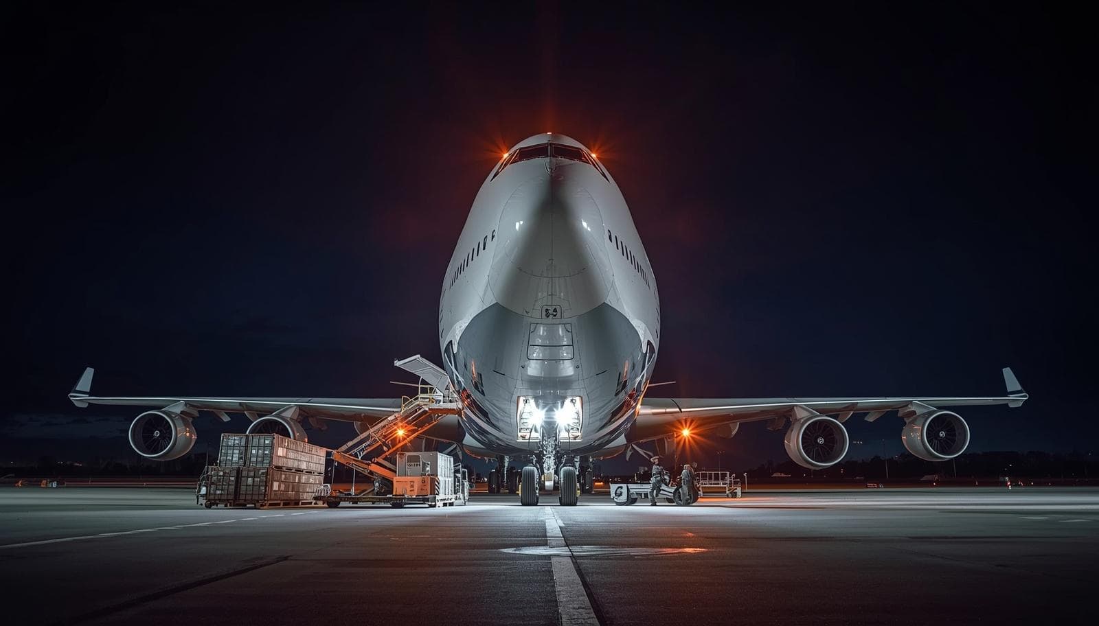 Cargo plane being loaded at night