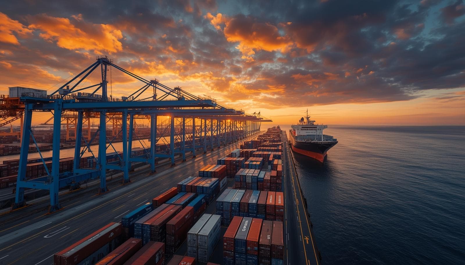 Busy logistics port with containers and cranes at sunset